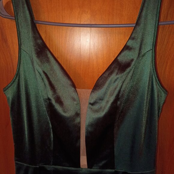 NWT MUXXN BOUTIQUE Sz Med Dark Green Satin Maxi Formal Sheath with Overskirt - Picture 4 of 10